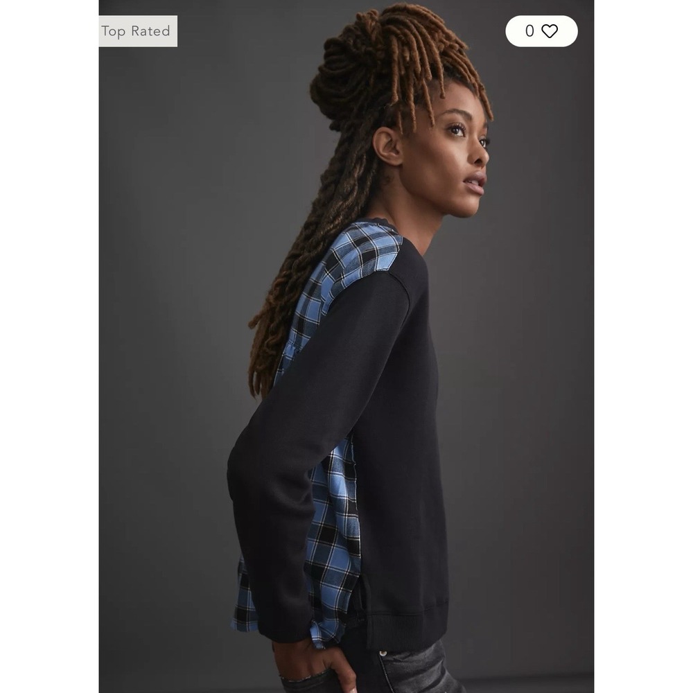 Pilcro x Anthropologie Contrast Flannel Plaid Sweatshirt Blue Black Womens S